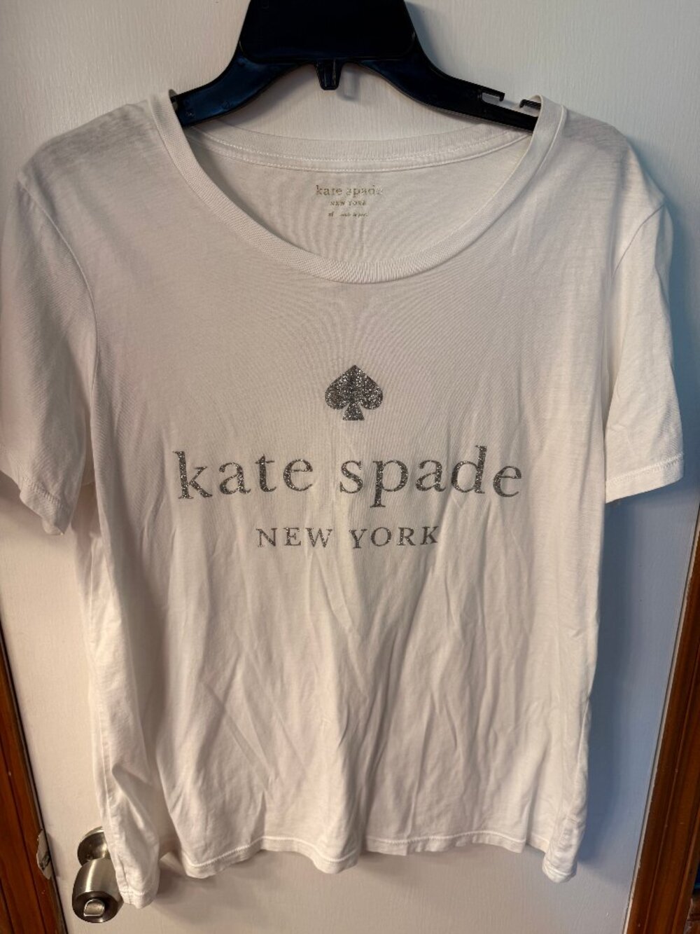 Kate Spade New York XL White Silver Glitter Logo Spade Graphic Tee